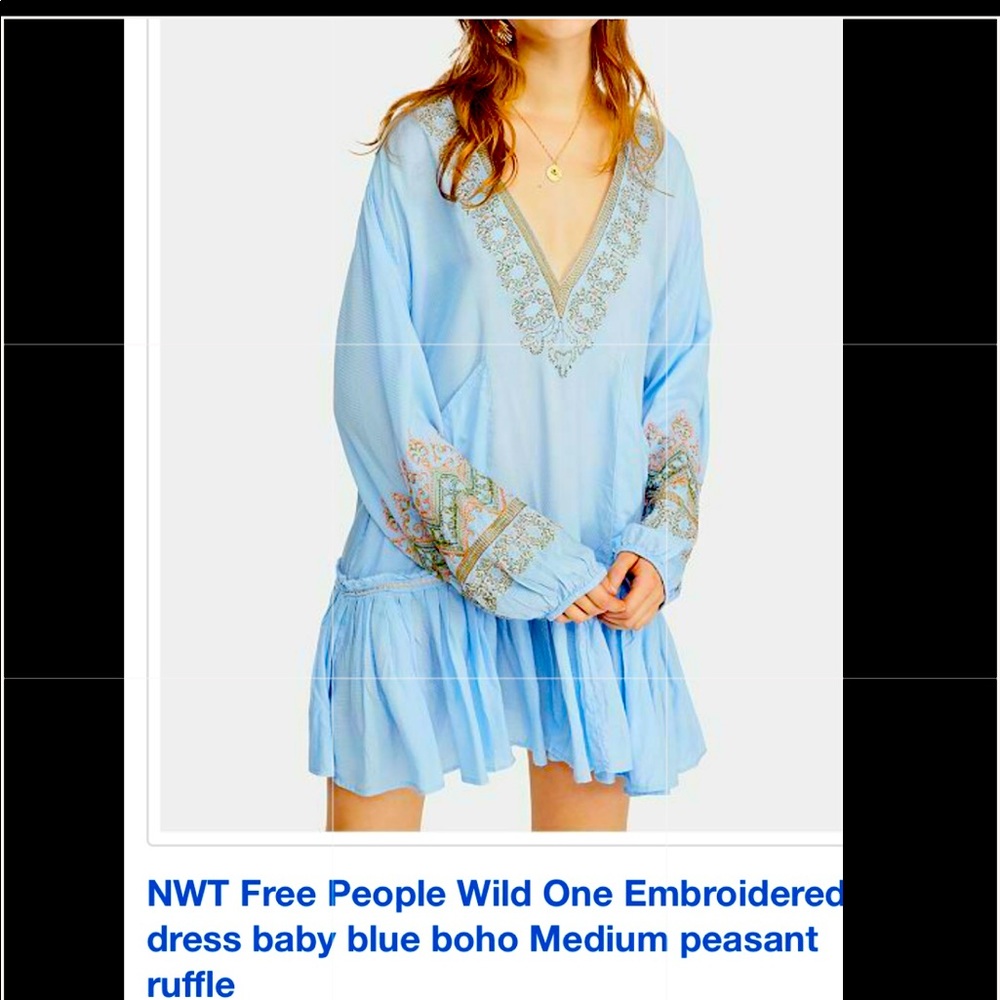 FREE PEOPLE SZ MEDIUM BABY BLUE EMBROIDERED DRESS